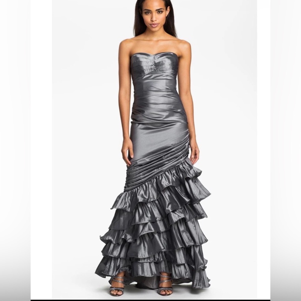 Dalia MacPhee Strapless Pewter pleated ruffled gown